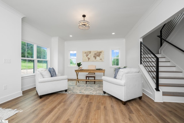 710 N Main St, Greer, SC 29651 - living room featuring ornamental molding, plenty of natural light, wood finished floors, and recessed lighting