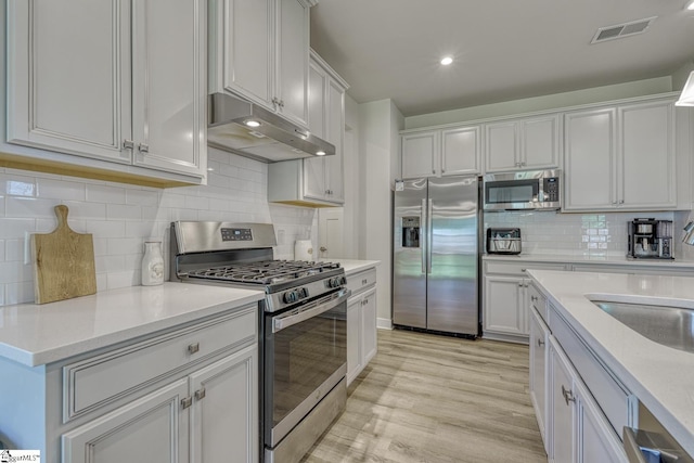 1128 Grovewood Ct, Moore, SC 29369 - kitchen with stainless steel appliances, under cabinet range hood, light wood finished floors, backsplash, and light countertops