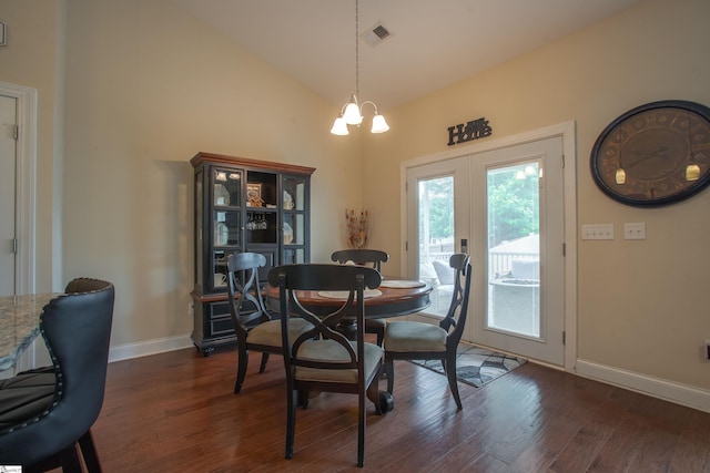 250 Chickadee Trl, Easley, SC 29642 - dining area with french doors, dark wood finished floors, a chandelier, baseboards, and high vaulted ceiling