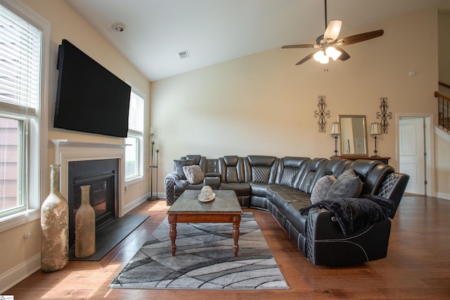 250 Chickadee Trl, Easley, SC 29642 - living area with plenty of natural light, a ceiling fan, baseboards, wood finished floors, and high vaulted ceiling
