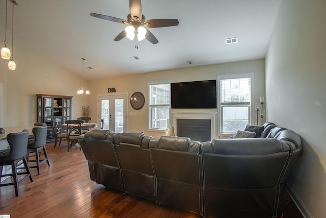 250 Chickadee Trl, Easley, SC 29642 - living room featuring lofted ceiling, wood finished floors, a ceiling fan, and a fireplace