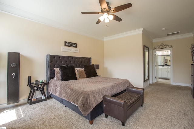 250 Chickadee Trl, Easley, SC 29642 - bedroom with ornamental molding, carpet, baseboards, a ceiling fan, and ensuite bathroom