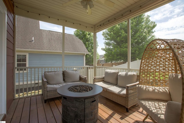250 Chickadee Trl, Easley, SC 29642 - wooden terrace featuring ceiling fan and an outdoor living space with a fire pit