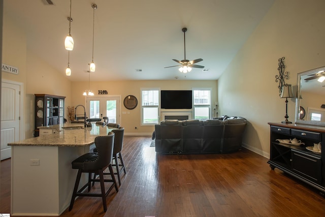 250 Chickadee Trl, Easley, SC 29642 - kitchen with a sink, ceiling fan, dark wood-style floors, light stone counters, and baseboards