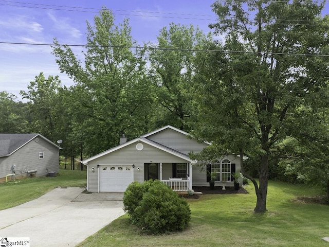 338 E Celestial Dr, Greer, SC 29651 - ranch-style house with concrete driveway, a porch, a garage, and a front lawn