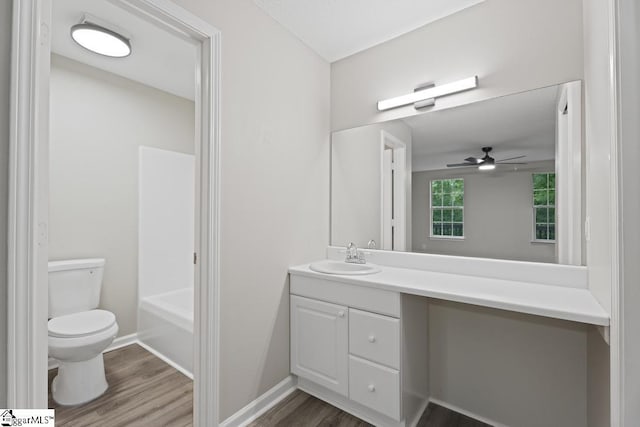 338 E Celestial Dr, Greer, SC 29651 - bathroom featuring wood finished floors, toilet, a ceiling fan, and vanity