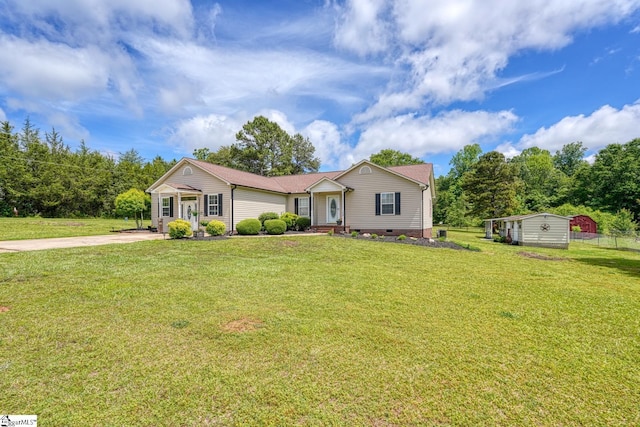 103 Cheyenne Ridge Rd, Campobello, SC 29322 - ranch-style home featuring a front yard, crawl space, an outbuilding, a storage shed, and driveway