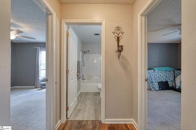 103 Cheyenne Ridge Rd, Campobello, SC 29322 - hallway featuring a textured ceiling, baseboards, wood finished floors, and carpet flooring