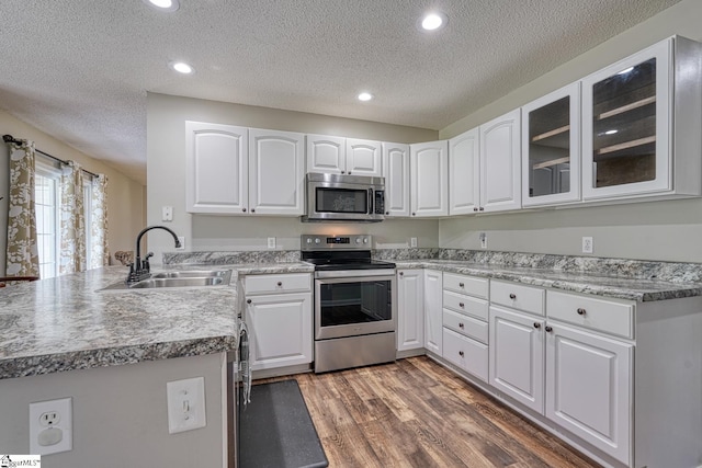 103 Cheyenne Ridge Rd, Campobello, SC 29322 - kitchen featuring appliances with stainless steel finishes, a sink, a textured ceiling, glass insert cabinets, and white cabinetry