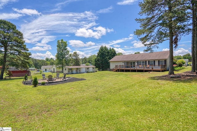 103 Cheyenne Ridge Rd, Campobello, SC 29322 - view of green lawn with a wooden deck, a fire pit, and a patio area