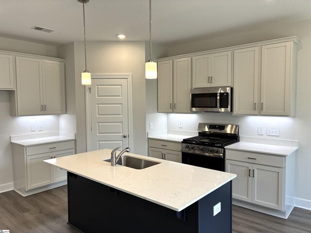 207 Fenner Pl, Greenville, SC 29607 - kitchen featuring stainless steel appliances, a sink, dark wood-type flooring, baseboards, and a center island with sink