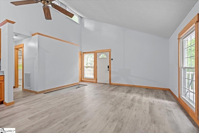 150 Orchard Dr, Inman, SC 29349 - unfurnished living room with ceiling fan, baseboards, light wood-style flooring, and high vaulted ceiling