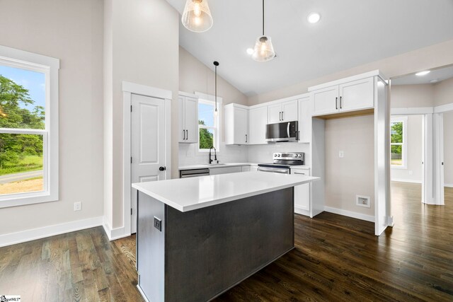 1047 Ansel School Rd, Greer, SC 29651 - kitchen with stainless steel appliances, baseboards, white cabinetry, plenty of natural light, and high vaulted ceiling