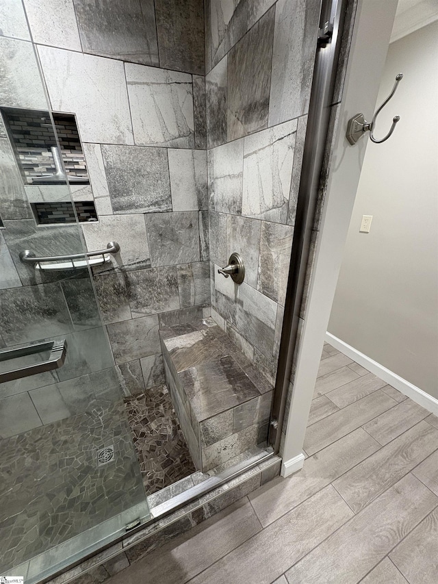 102 Quail Creek Ln, Greenville, SC 29615 - full bath featuring a shower stall, wood finished floors, and baseboards