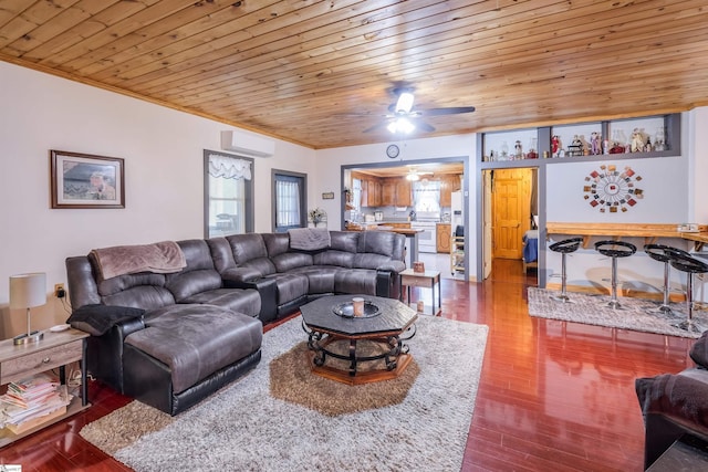 402 Terrapin Rd, Union, SC 29379 - living area featuring an AC wall unit, ornamental molding, a ceiling fan, wood ceiling, and wood finished floors