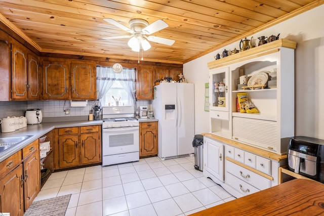 402 Terrapin Rd, Union, SC 29379 - kitchen with white appliances, wood ceiling, ceiling fan, crown molding, and decorative backsplash