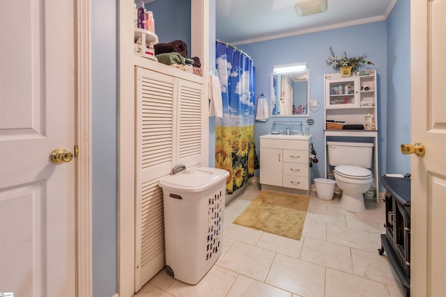 402 Terrapin Rd, Union, SC 29379 - bathroom with crown molding, toilet, vanity, tile patterned floors, and a shower with curtain