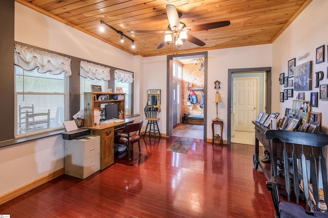 402 Terrapin Rd, Union, SC 29379 - office space with ceiling fan, wooden ceiling, ornamental molding, baseboards, and rail lighting