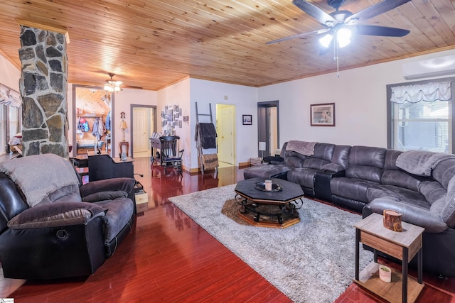 402 Terrapin Rd, Union, SC 29379 - living room with a ceiling fan, an AC wall unit, wood finished floors, and wooden ceiling