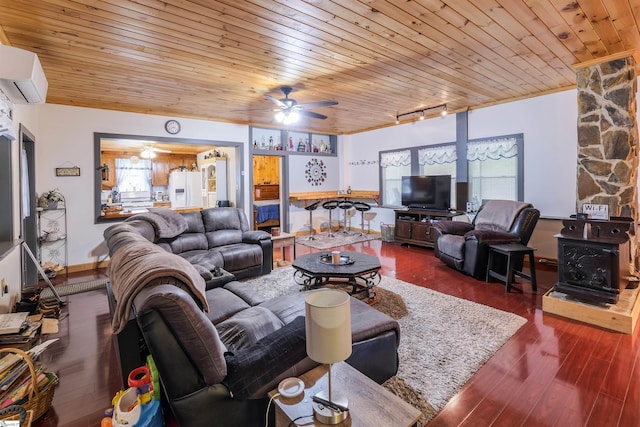 402 Terrapin Rd, Union, SC 29379 - living room with wooden ceiling, a wall mounted air conditioner, a ceiling fan, hardwood / wood-style floors, and baseboards