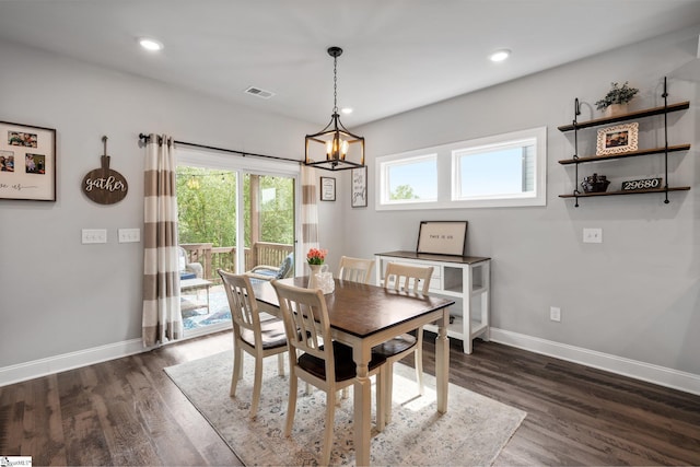 907 Whitemarsh Ave, Simpsonville, SC 29680 - dining area with a chandelier, baseboards, dark wood-style flooring, and recessed lighting