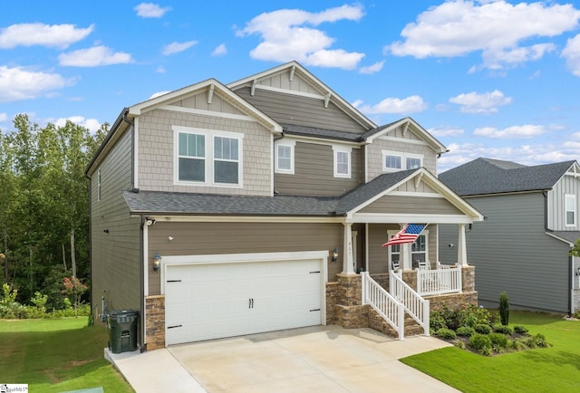 907 Whitemarsh Ave, Simpsonville, SC 29680 - craftsman inspired home featuring covered porch, board and batten siding, stone siding, an attached garage, and a front lawn