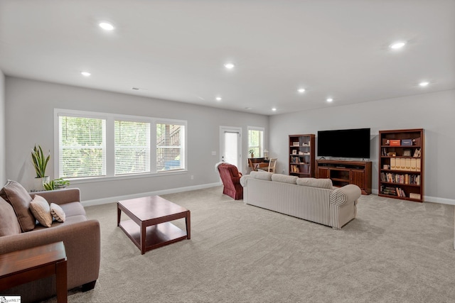 907 Whitemarsh Ave, Simpsonville, SC 29680 - living room featuring light carpet, recessed lighting, and baseboards