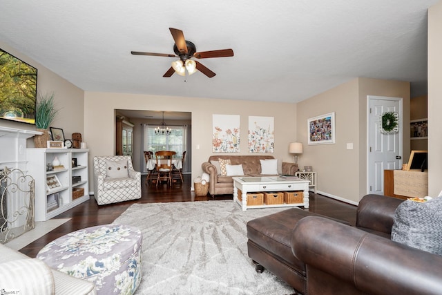 113 Faulkner Cir, Greer, SC 29651 - living room with a chandelier, wood finished floors, a ceiling fan, and baseboards