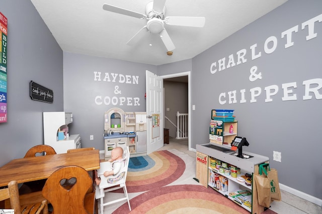 113 Faulkner Cir, Greer, SC 29651 - playroom featuring a ceiling fan, an office area, carpet floors, and baseboards