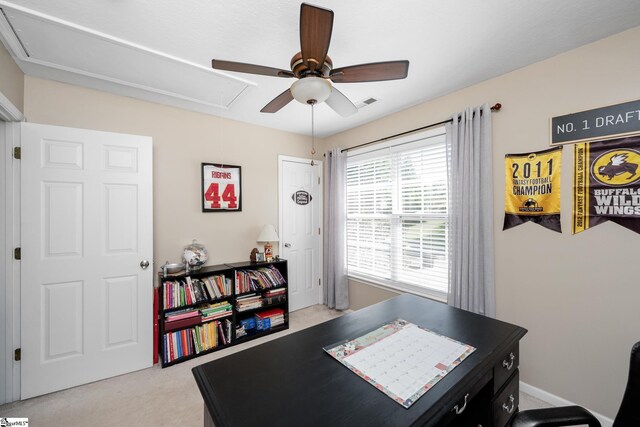 113 Faulkner Cir, Greer, SC 29651 - office area featuring attic access, ceiling fan, and light colored carpet