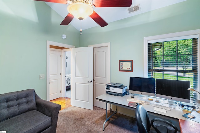 460 Dublin Ln, Columbus, SC 28722 - office featuring carpet floors, vaulted ceiling, and a ceiling fan