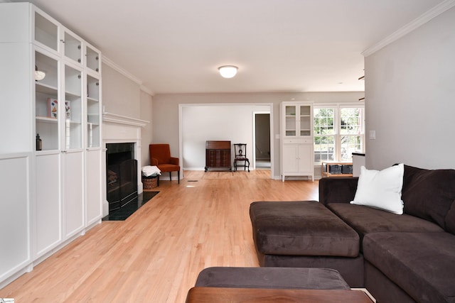 210 Cross Field Rd, Greenville, SC 29607 - living room featuring light wood-style floors, a fireplace with flush hearth, and crown molding