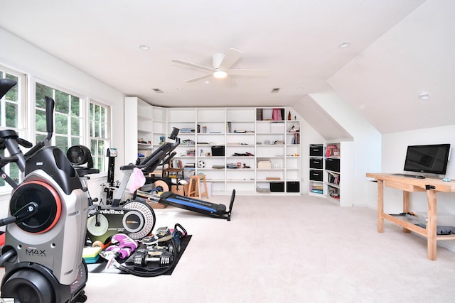 210 Cross Field Rd, Greenville, SC 29607 - workout area featuring carpet flooring, a ceiling fan, and lofted ceiling