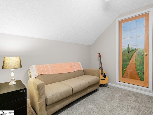 carpeted living area with lofted ceiling, baseboards, and a textured ceiling