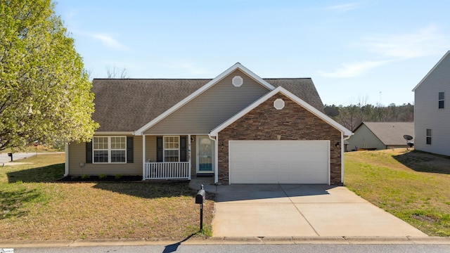 640 Slippery Moss Dr, Spartanburg, SC 29303 - view of front of home featuring covered porch, a front lawn, a garage, roof with shingles, and driveway