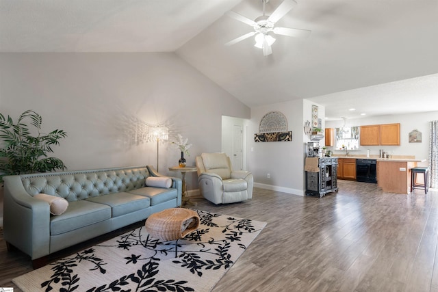 640 Slippery Moss Dr, Spartanburg, SC 29303 - living room featuring a ceiling fan, wood finished floors, baseboards, and high vaulted ceiling