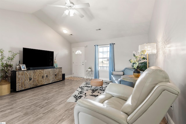640 Slippery Moss Dr, Spartanburg, SC 29303 - living area with lofted ceiling, a ceiling fan, wood finished floors, and baseboards