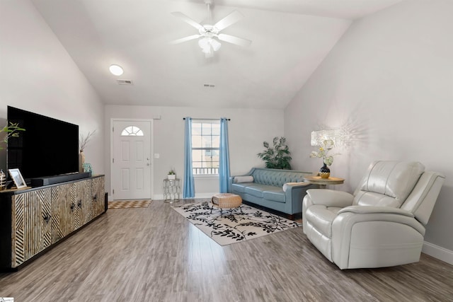 640 Slippery Moss Dr, Spartanburg, SC 29303 - living room featuring vaulted ceiling, baseboards, a ceiling fan, and wood finished floors