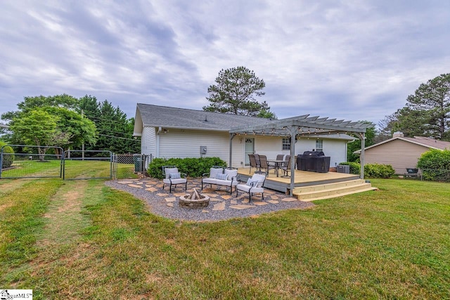 217 Ponder Rd, Greer, SC 29651 - back of house with a gate, a wooden deck, a pergola, and an outdoor living space with a fire pit