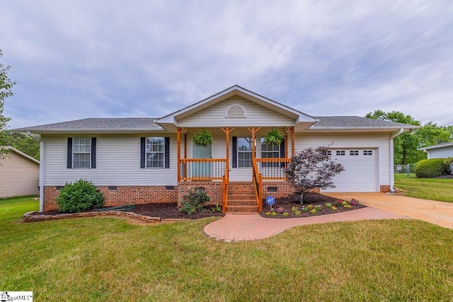 217 Ponder Rd, Greer, SC 29651 - single story home with crawl space, a garage, concrete driveway, covered porch, and a front yard