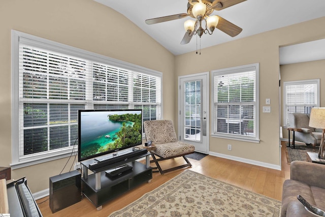508 Inner Banks Rd, Boiling Springs, SC 29316 - living room featuring lofted ceiling, wood finished floors, ceiling fan, and baseboards