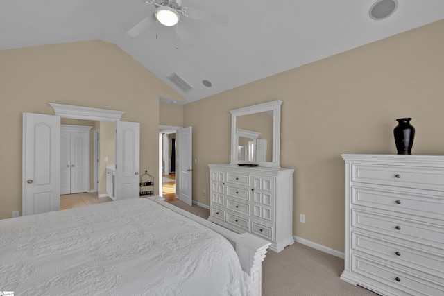 508 Inner Banks Rd, Boiling Springs, SC 29316 - bedroom featuring lofted ceiling, baseboards, light carpet, and ceiling fan