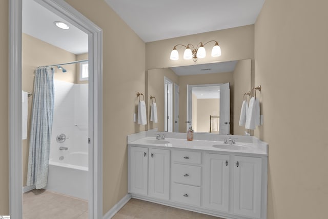 508 Inner Banks Rd, Boiling Springs, SC 29316 - bathroom featuring shower / bath combination with curtain, tile patterned floors, double vanity, and baseboards