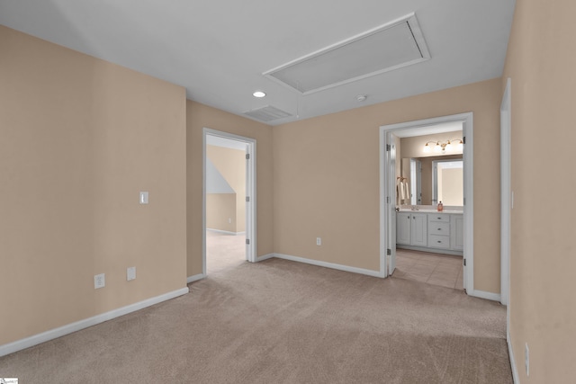 508 Inner Banks Rd, Boiling Springs, SC 29316 - unfurnished bedroom with attic access, light colored carpet, baseboards, connected bathroom, and recessed lighting