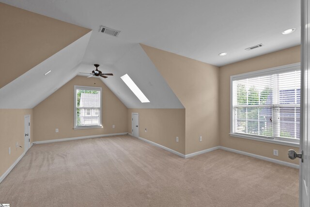 508 Inner Banks Rd, Boiling Springs, SC 29316 - additional living space with light carpet, a skylight, ceiling fan, baseboards, and lofted ceiling