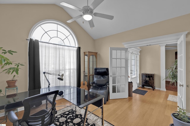 508 Inner Banks Rd, Boiling Springs, SC 29316 - office space featuring french doors, vaulted ceiling, light wood finished floors, ceiling fan, and baseboards