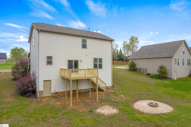 9 Amber Oaks Dr, Greer, SC 29651 - rear view of property featuring an outdoor fire pit, a wooden deck, stairway, and a yard