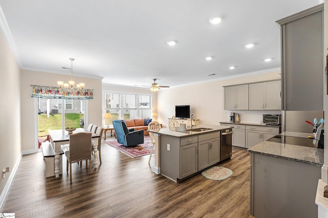 319 Sudduth Farms Dr, Greer, SC 29650 - kitchen featuring gray cabinetry, dishwasher, a sink, crown molding, and a ceiling fan