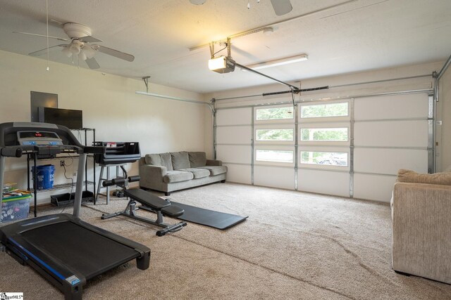 1198 Dalrymple Rd, Anderson, SC 29621 - exercise room featuring ceiling fan, carpet flooring, and a garage