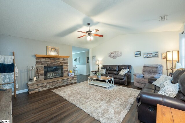 1198 Dalrymple Rd, Anderson, SC 29621 - living area featuring a ceiling fan, dark wood finished floors, vaulted ceiling, a fireplace, and baseboards